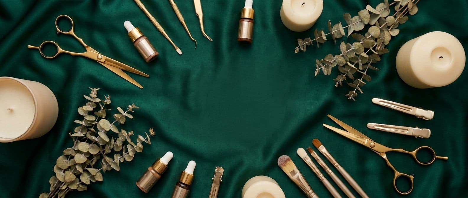 Gold shears, lash tools and pigments arranged on emerald silk