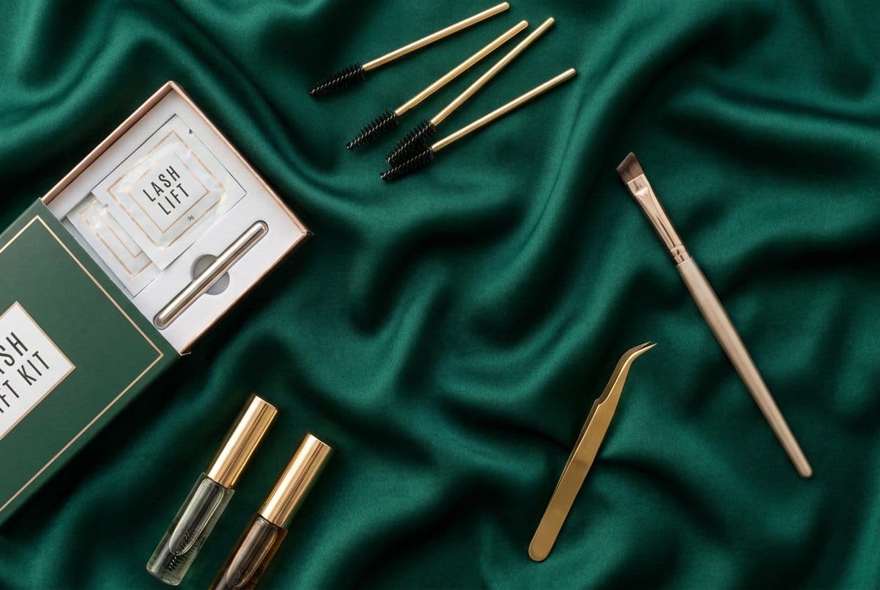 A lash lift kit, mascara wands, tint bottles and tweezers on emerald silk