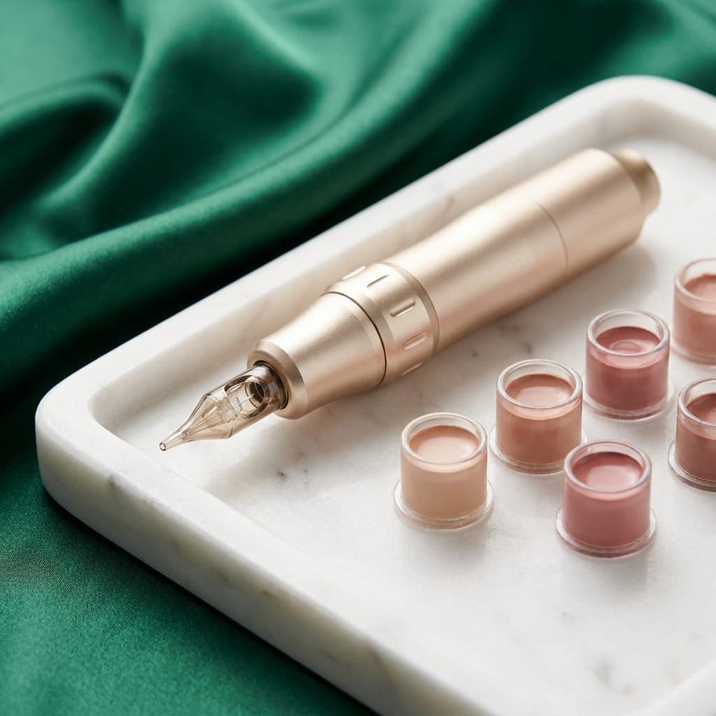 A permanent makeup machine pen and pigment cups on a marble tray