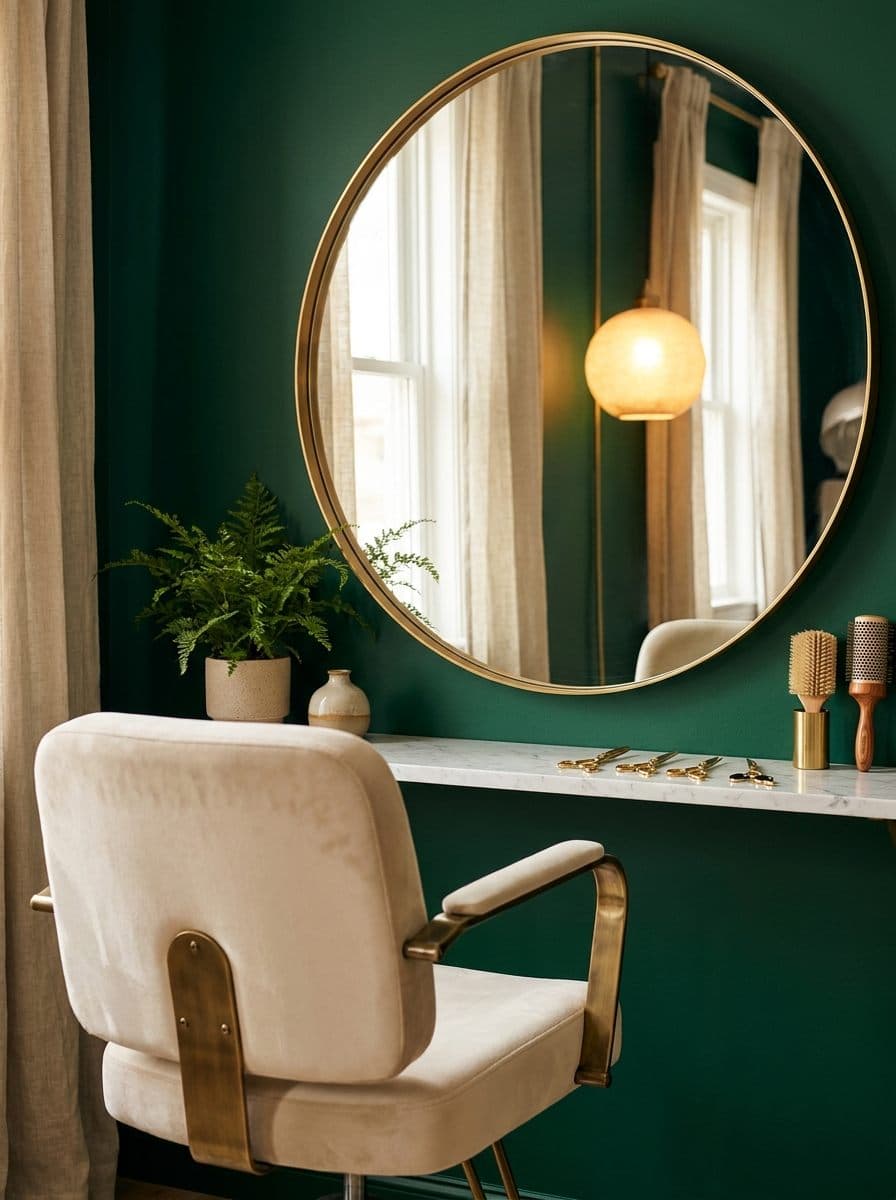 Styling chair and gold mirror at the hair station