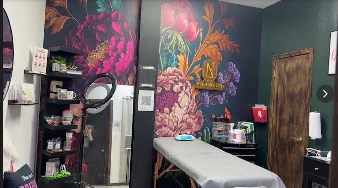 Ever North's treatment room — a bold floral mural with the gold Ever North logo, treatment bed, and ring light